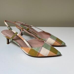 Bandolino Movito7 Plaid Slingback Pumps Green Orange Pointed Toe Kitten Heel 10M
